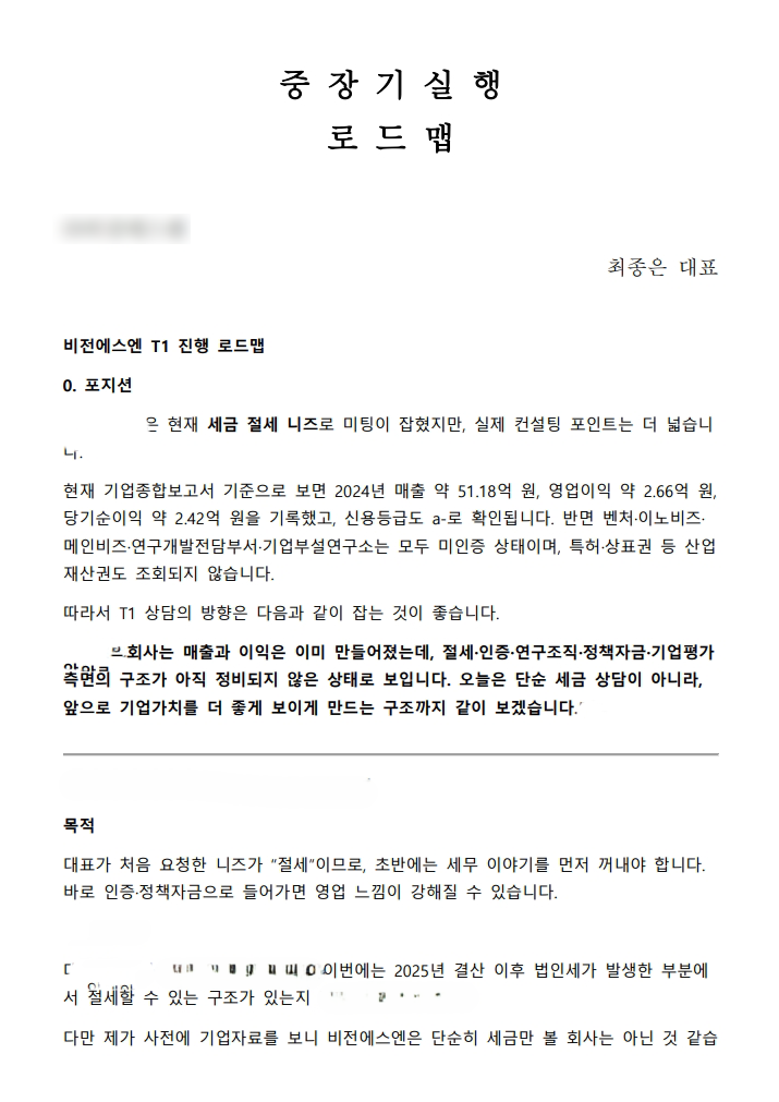 단·중기 실행계획 실제 제공 자료 예시